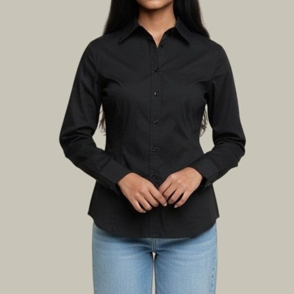 Apostrophe Stretch Button Down Shirt L Black Office Siren CorpCore Career Blouse